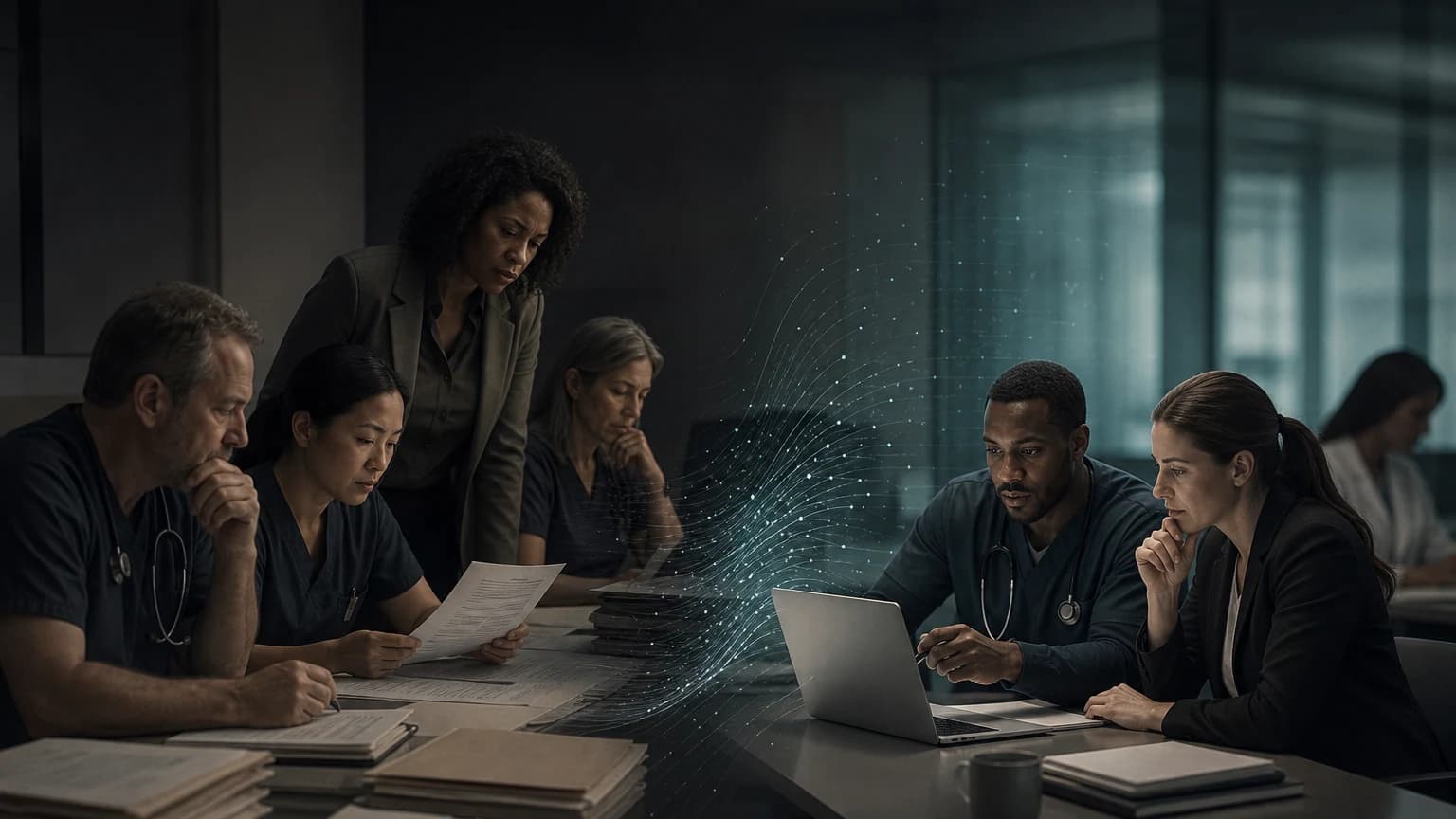 An editorial scene for Large US health system / Optum algorithm contrasts has a limited number of intensive nursing and coordination slots to allocate. with ranks patients by predicted future cost as a proxy for health need. in the commercial cost-proxy risk ranking workflow.