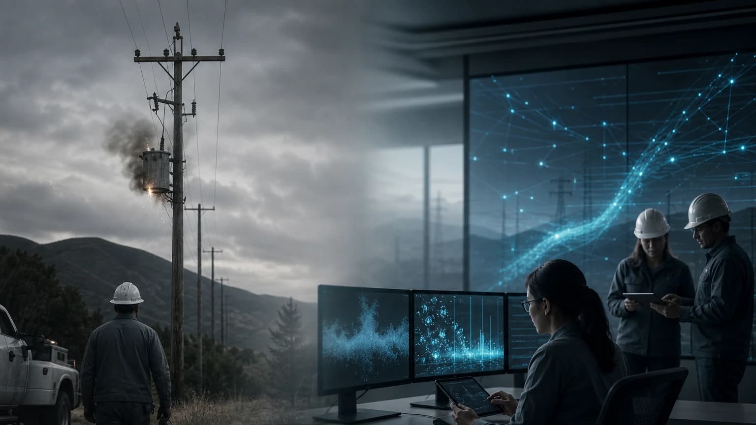 An editorial scene for Pacific Gas and Electric Company contrasts detect faults from alarms, outages, or reports after conditions escalate. with scans sensor and smart-meter patterns for abnormal precursors. in the continuous monitoring center machine-learning risk triage workflow.