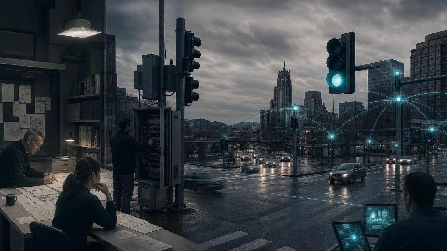 An editorial scene for City of Pittsburgh and Carnegie Mellon University contrasts create fixed coordinated timing plans for rush periods and simple actuated control otherwise. with recomputes green-time allocation every one to two seconds from incoming flows. in the surtrac decentralized adaptive traffic-signal control workflow.