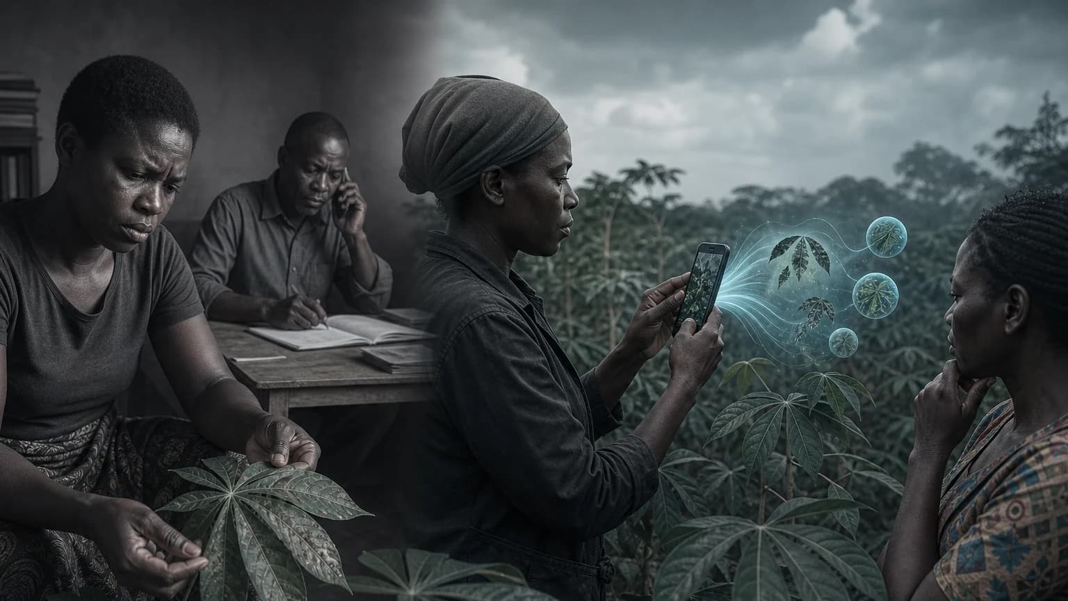 An editorial scene for PlantVillage, FAO, IITA, CIMMYT, and partner extension programs contrasts inspect visible leaf symptoms using personal knowledge. with scans multiple leaves with an android phone in the field without internet. in the plantvillage nuru offline smartphone diagnosis workflow.