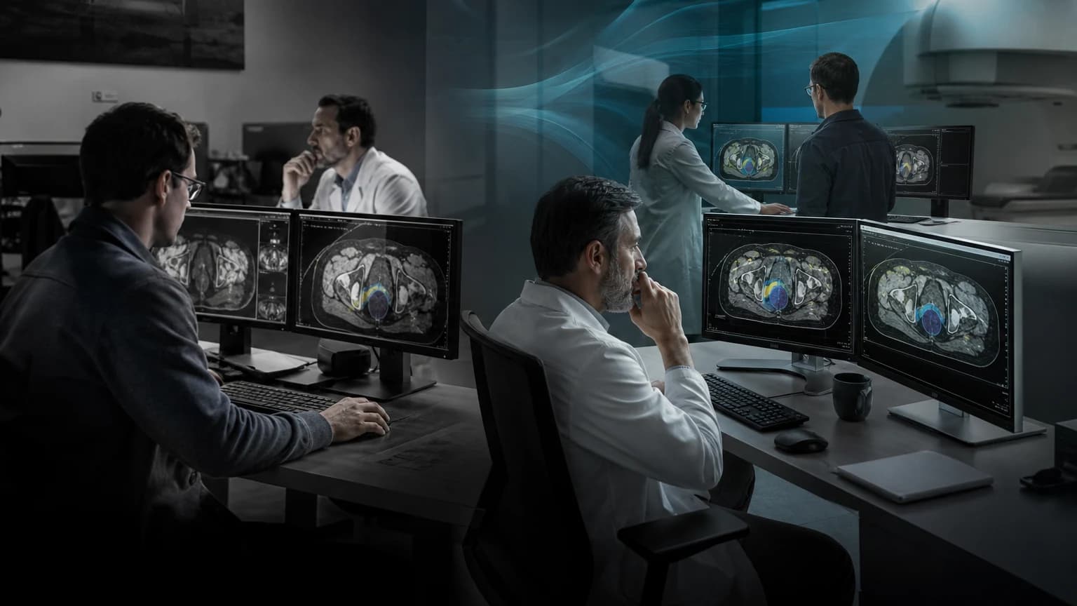 An editorial scene for Princess Margaret Cancer Centre / University Health Network contrasts manually specifies objectives and iteratively tunes a prostate radiotherapy plan. with generates an ml plan in parallel with the conventional human plan. in the ml-assisted treatment-plan generation and blinded physician selection workflow.