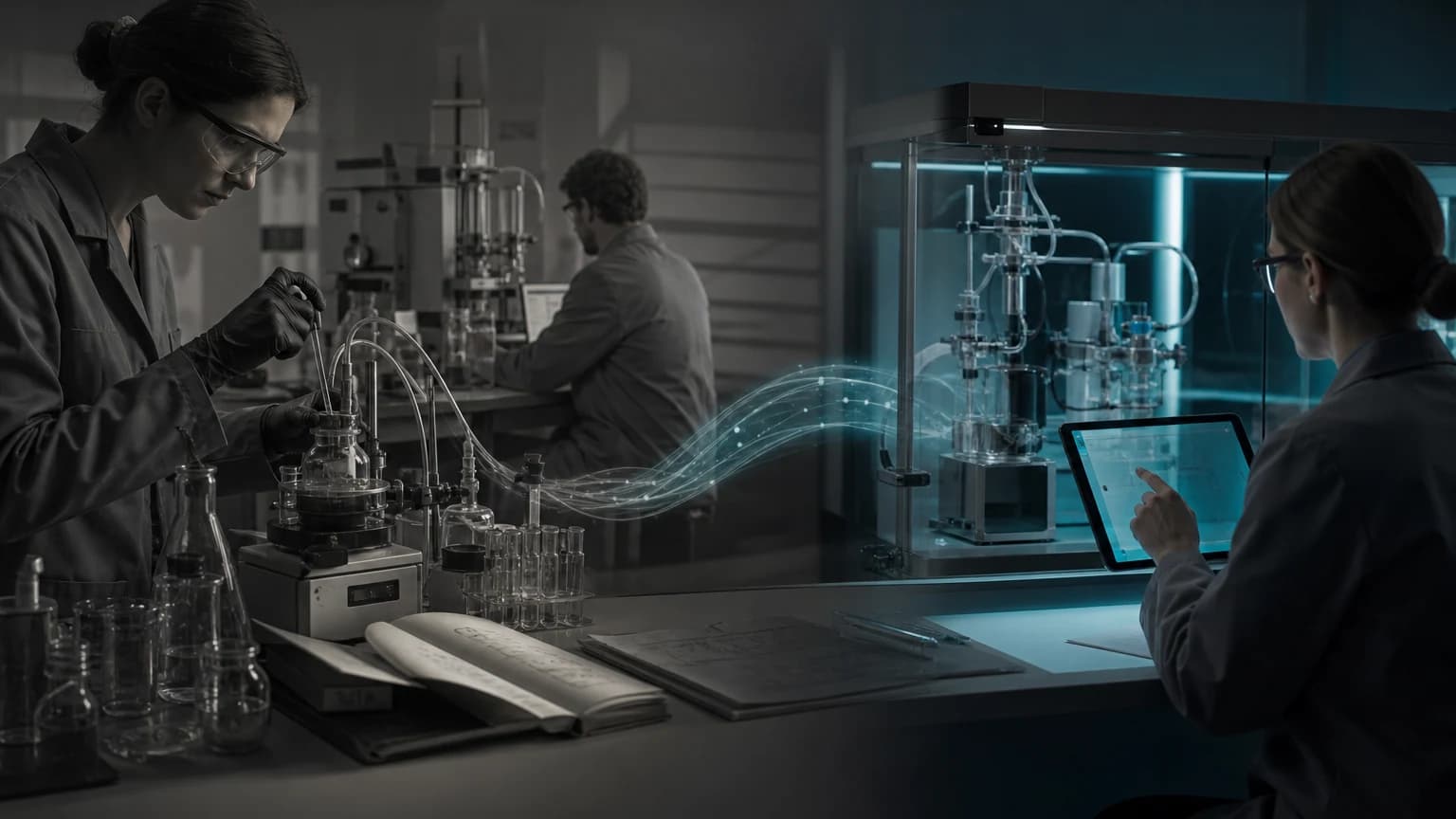 An editorial scene for MIT / University of Cambridge research team contrasts selects reagents and repeatedly changes temperature, concentration, residence time, and other conditions. with select reagents, unit operations, objectives, and constraints, then initiates optimization. in the reconfigurable self-optimizing continuous-flow chemistry workflow.