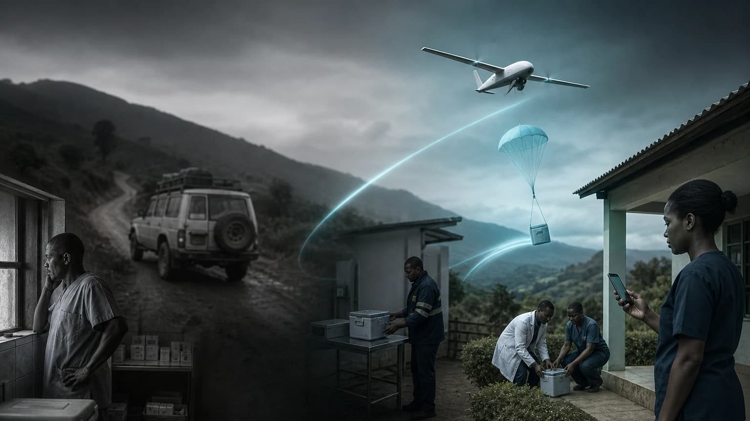 An editorial scene for Rwanda national blood service and Zipline contrasts maintain local blood inventory or request an emergency road delivery. with places an on-demand blood order by phone or text. in the on-demand autonomous drone blood delivery workflow.