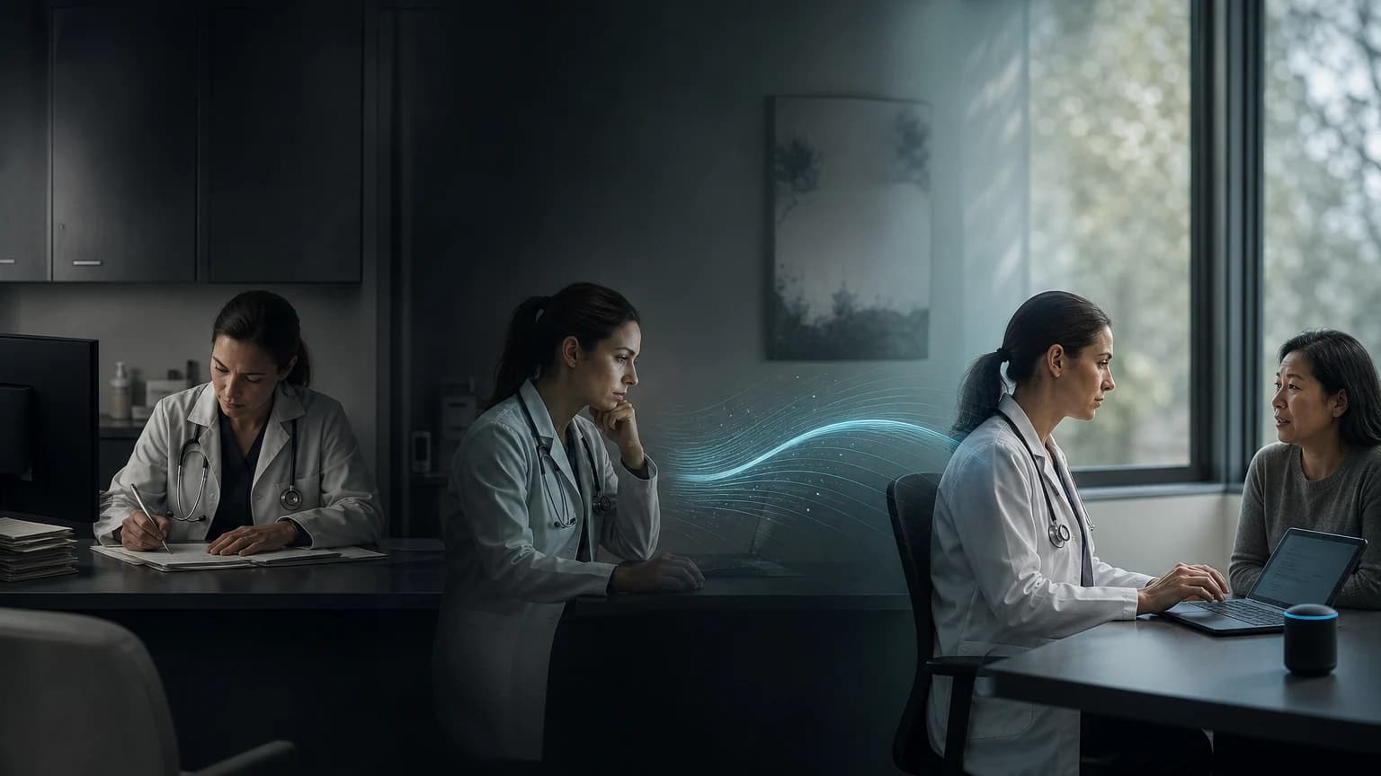 An editorial scene for UCLA Health contrasts conducts the visit and writes the note in the ehr. with records the conversation and generates a draft note. in the randomized deployment of dax and nabla ambient ai scribes workflow.
