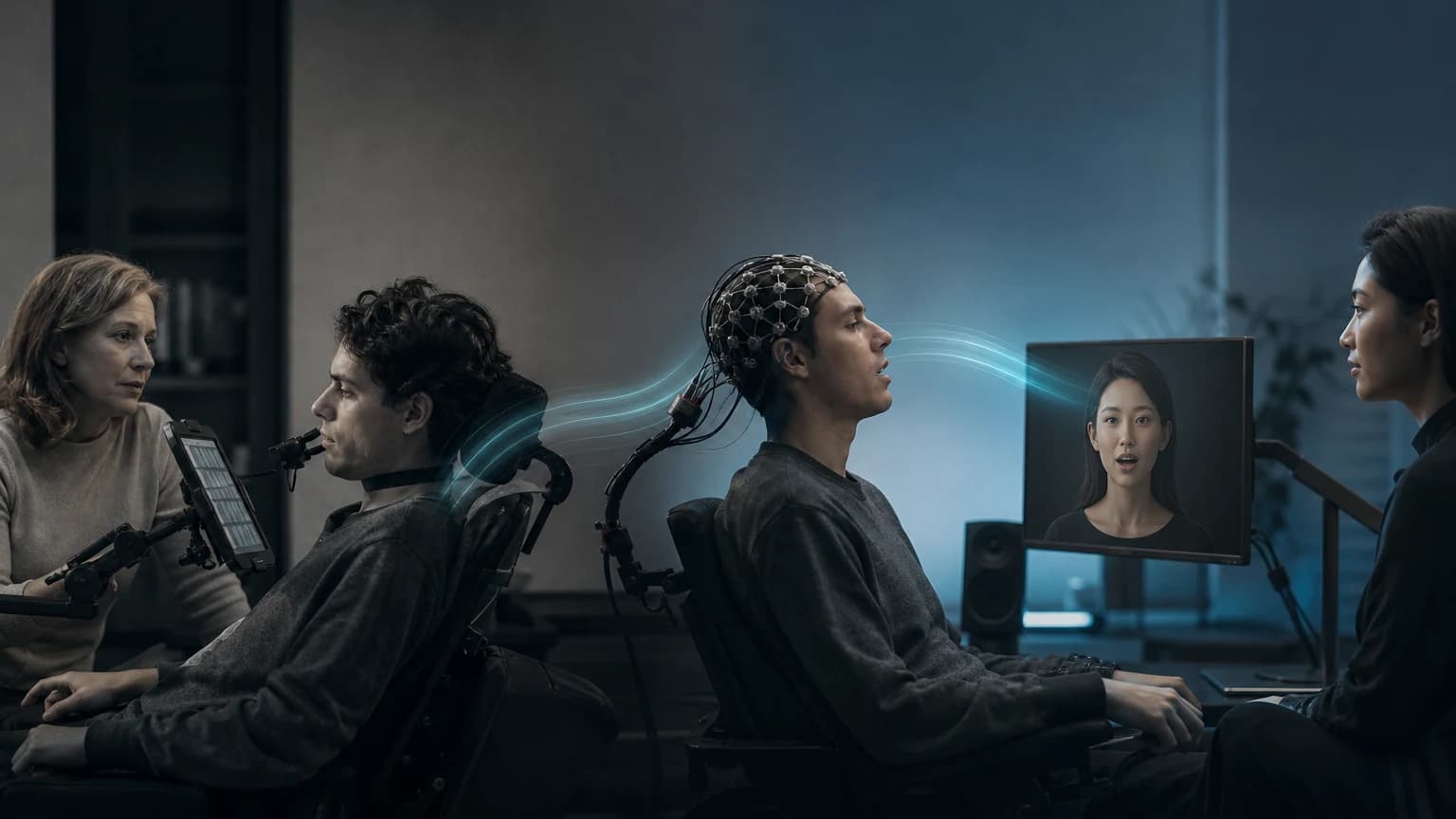 An editorial scene for University of California, San Francisco and UC Berkeley contrasts uses head tracking to select letters on a commercial assistive device. with attempts to speak while 253 cortical electrodes capture speech-motor signals. in the ai speech neuroprosthesis for text, audio, and avatar control workflow.