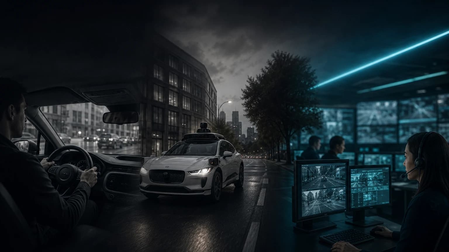 An editorial scene for Waymo contrasts perceives the road, plans maneuvers, and controls the vehicle for each passenger trip. with perceives, predicts, plans, and controls the vehicle with no human in the driver seat. in the fully autonomous waymo one driving workflow.