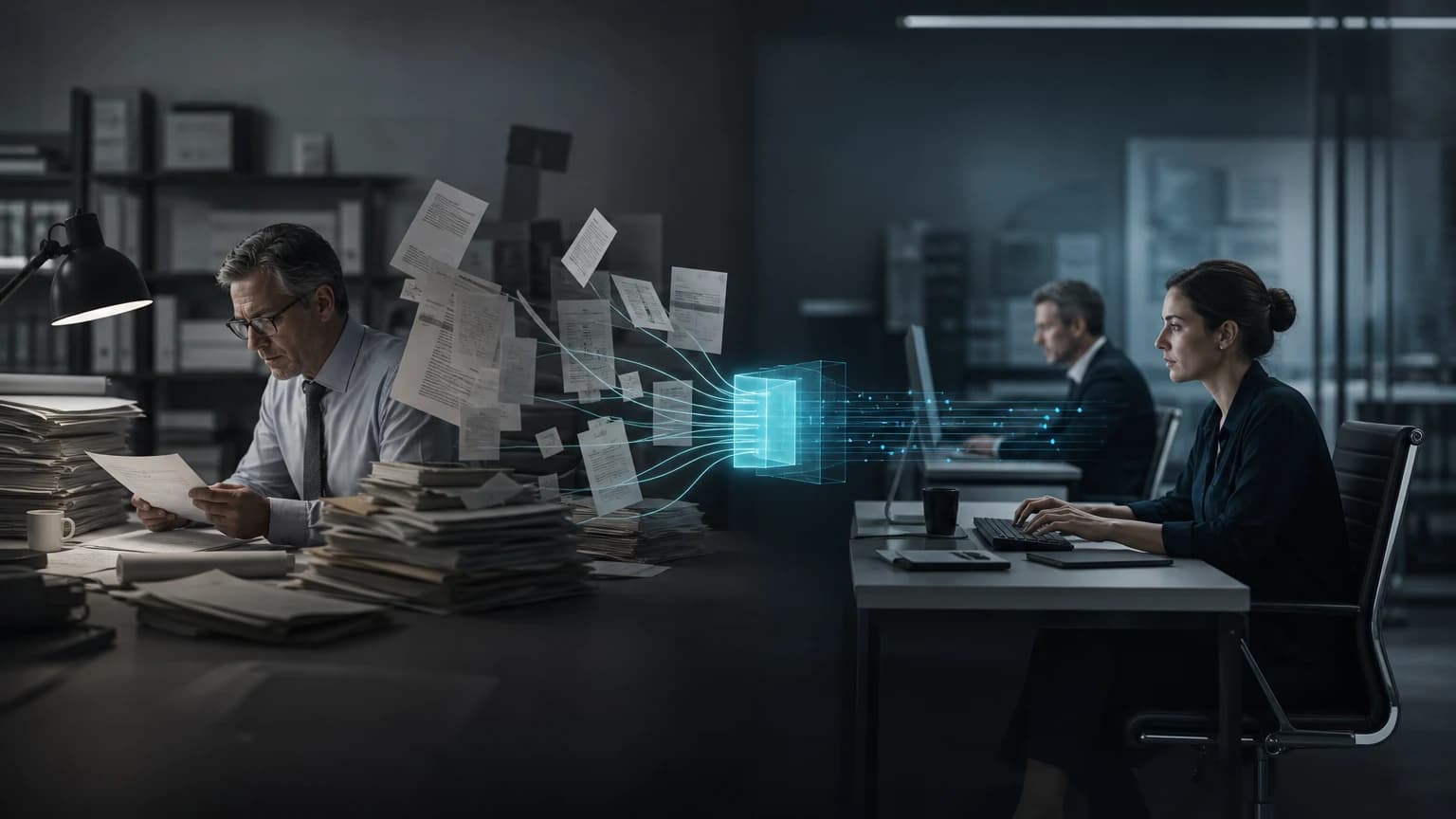 An editorial scene for Zurich Commercial Insurance (Zurich Insurance Group) contrasts manually read, review, and interpret every incoming risk submission (unstructured, multilingual documents) with converts multilingual submissions into structured risks aligned with zurich's underwriting framework. in the cytora headless risk digitization feeding z-horizon+ underwriting workbench workflow.