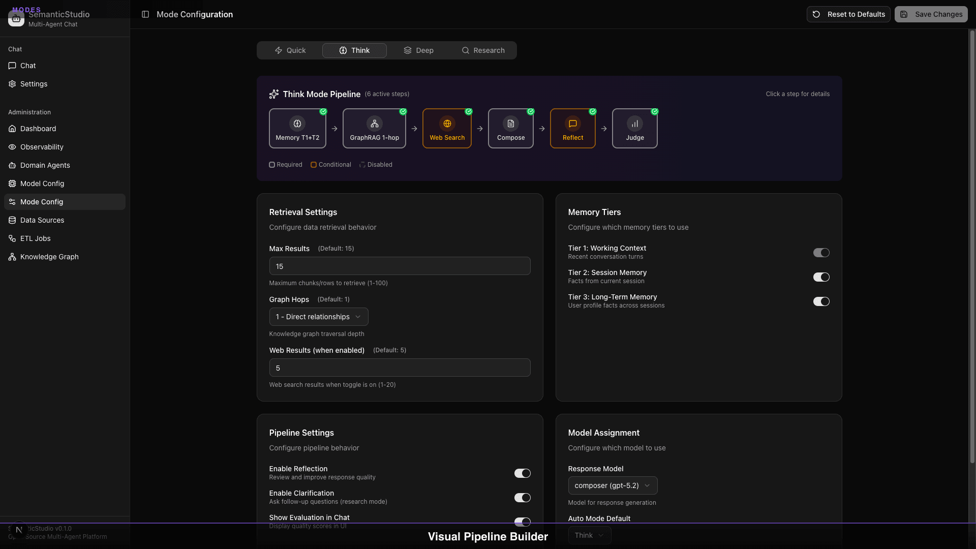 SemanticStudio mode configuration showing memory tier toggles
