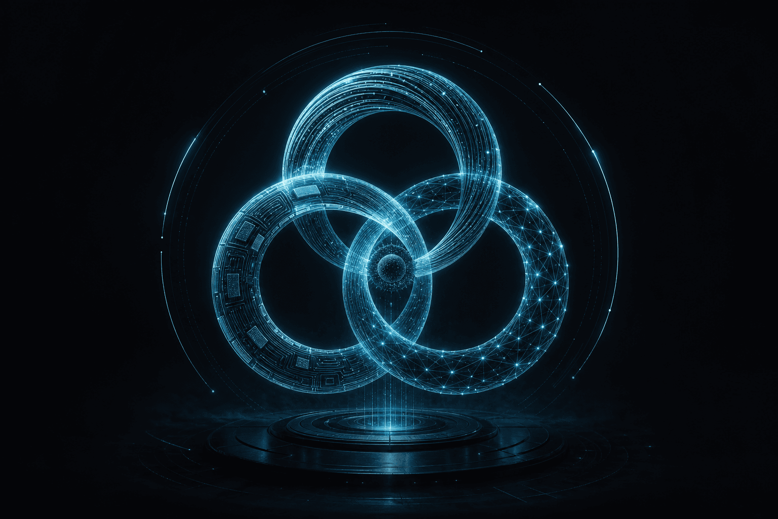 Abstract editorial hero: three interlocking rings of cyan light — software, silicon, and network — turning as one flywheel on a dark field.
