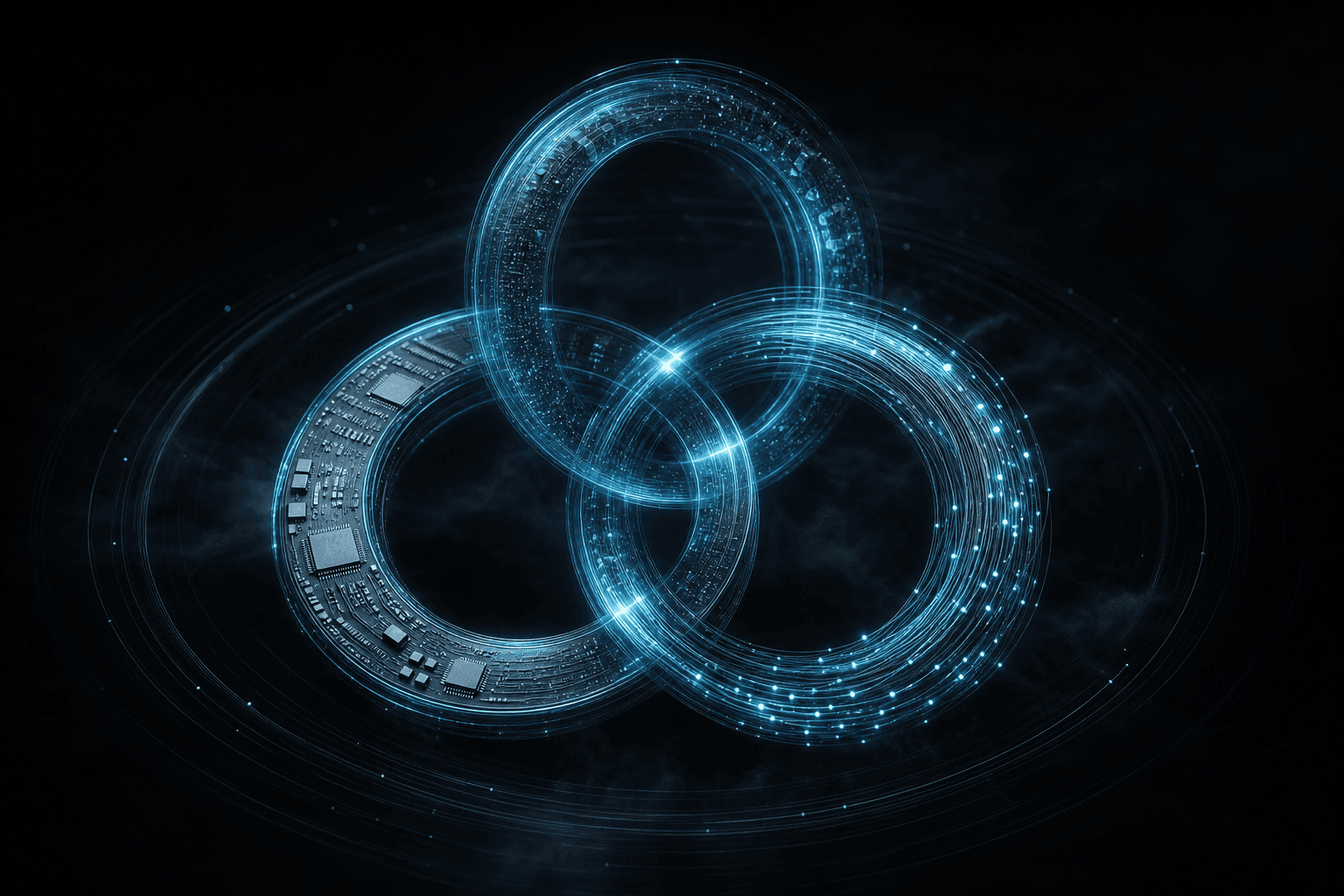 Abstract editorial hero: three interlocking rings of cyan light — software, silicon, and network — turning as one flywheel on a dark field.
