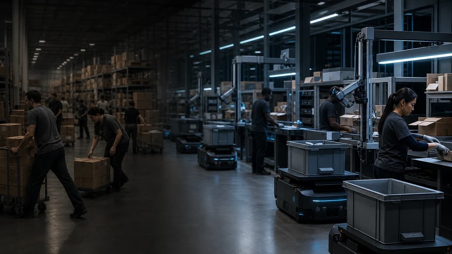 An editorial scene for Amazon contrasts moves inventory and packages through repetitive lifting, walking, sorting, and cart transport. with bring inventory to ergonomic stations, sort and lift packages, and autonomously move carts in shared spaces. in the integrated sequoia, cardinal, and proteus robotic fulfillment workflow.