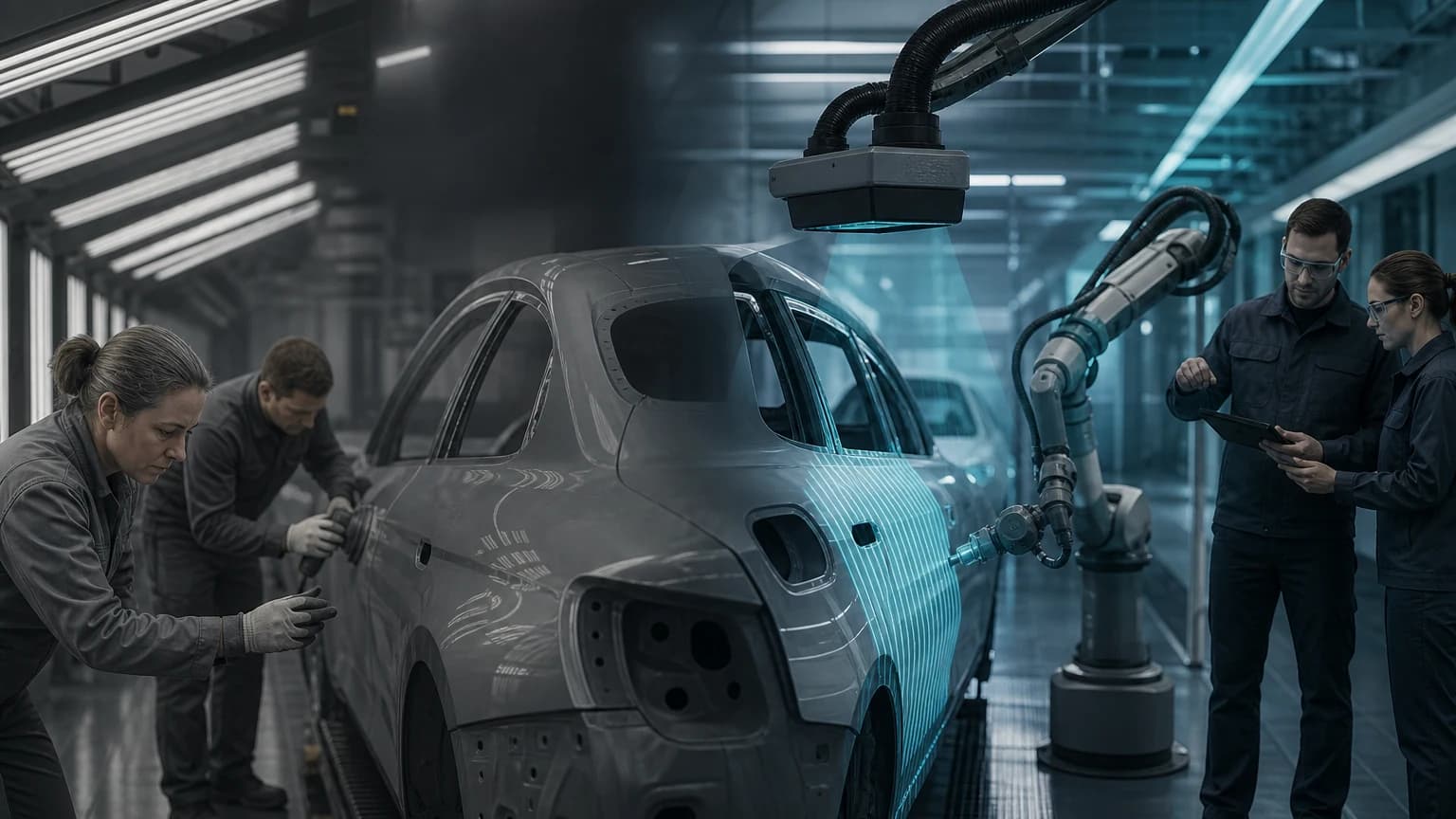 An editorial scene for BMW Plant Regensburg contrasts visually inspects painted vehicle surfaces and identifies areas needing treatment. with uses reflected stripe patterns to locate, size, map in 3d, and classify paint deviations on all surfaces. in the ai surface inspection and robotic processing workflow.