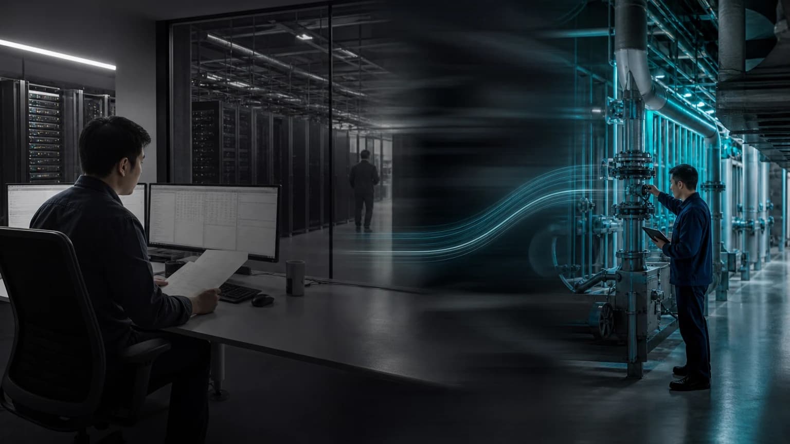 An editorial scene for Google contrasts predict cooling-energy effects and recommend operating changes. with every five minutes evaluates sensor data and selects energy-minimizing actions that satisfy safety constraints. in the deepmind autonomous cooling control workflow.