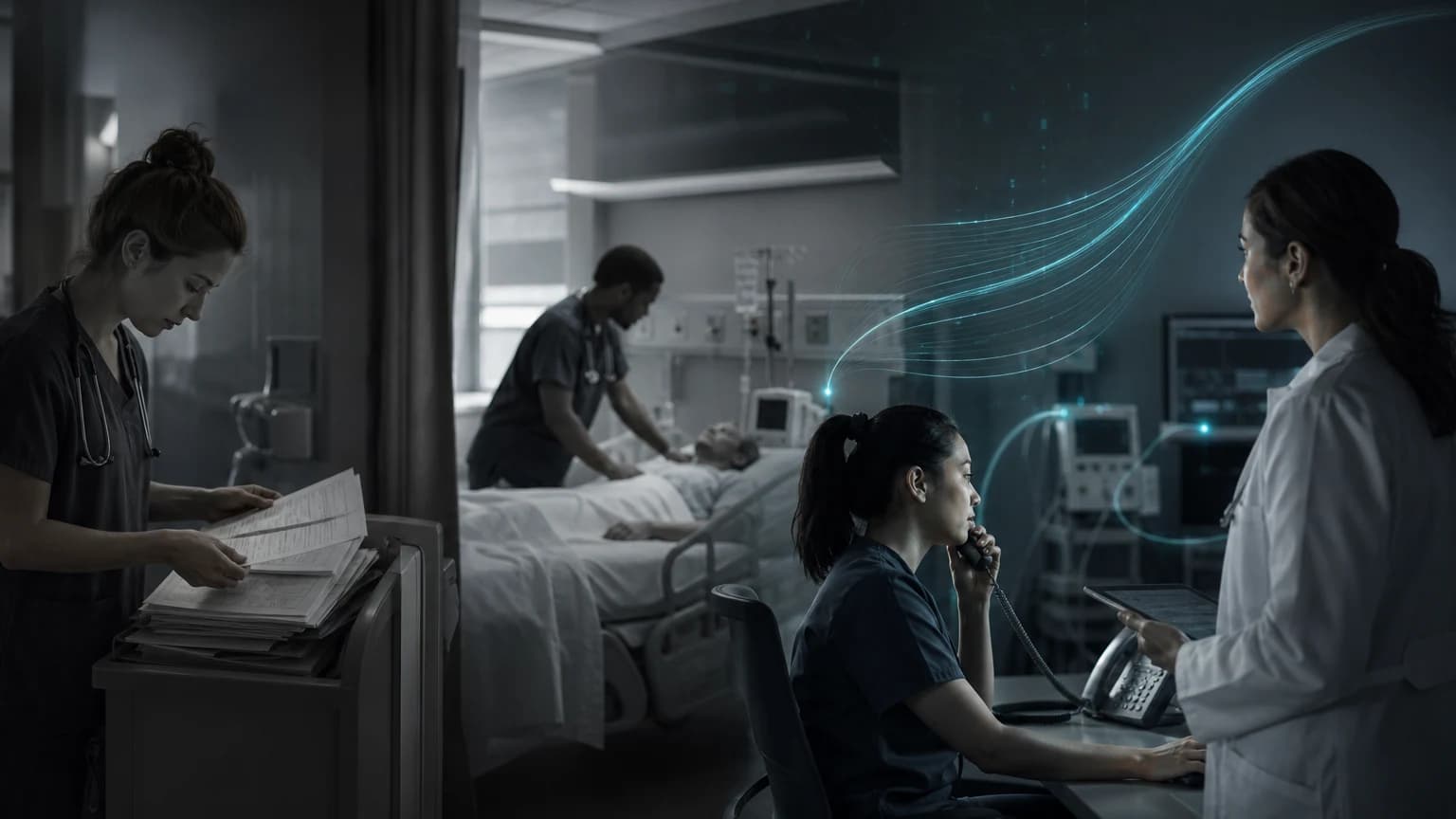 An editorial scene for HCA Healthcare contrasts screens manually for sepsis during rounds or shift changes using the current chart and bedside condition. with continuously evaluates vital signs, laboratory results, nursing reports, and other clinical data for patterns. in the spot continuous sepsis surveillance workflow.