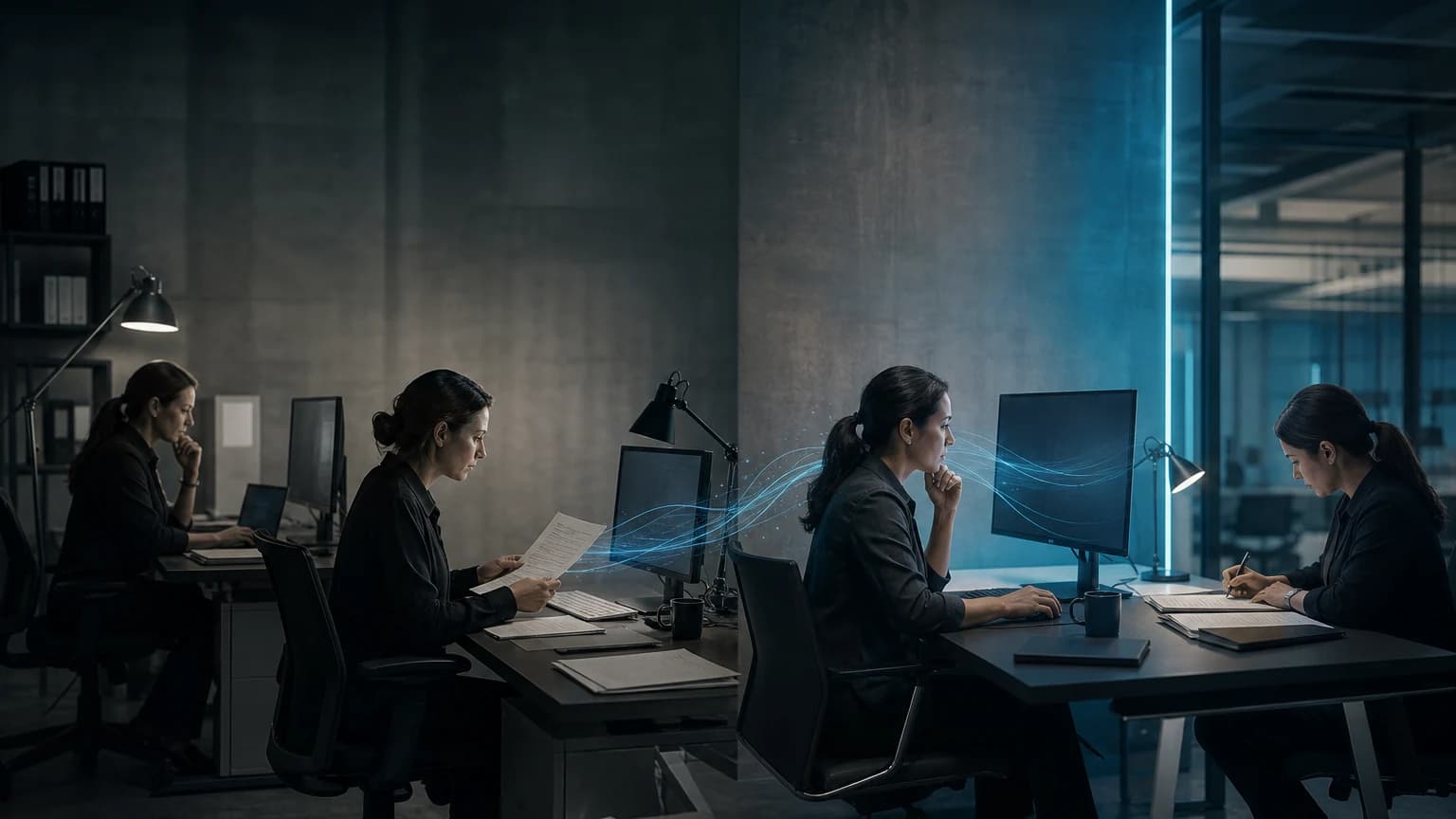 An editorial scene for Microsoft contrasts investigates incident telemetry, scripts, and evidence manually in defender xdr. with uses generated summaries and explanations to analyze incidents and scripts. in the copilot-assisted incident summarization, script analysis, reporting, and guided response workflow.