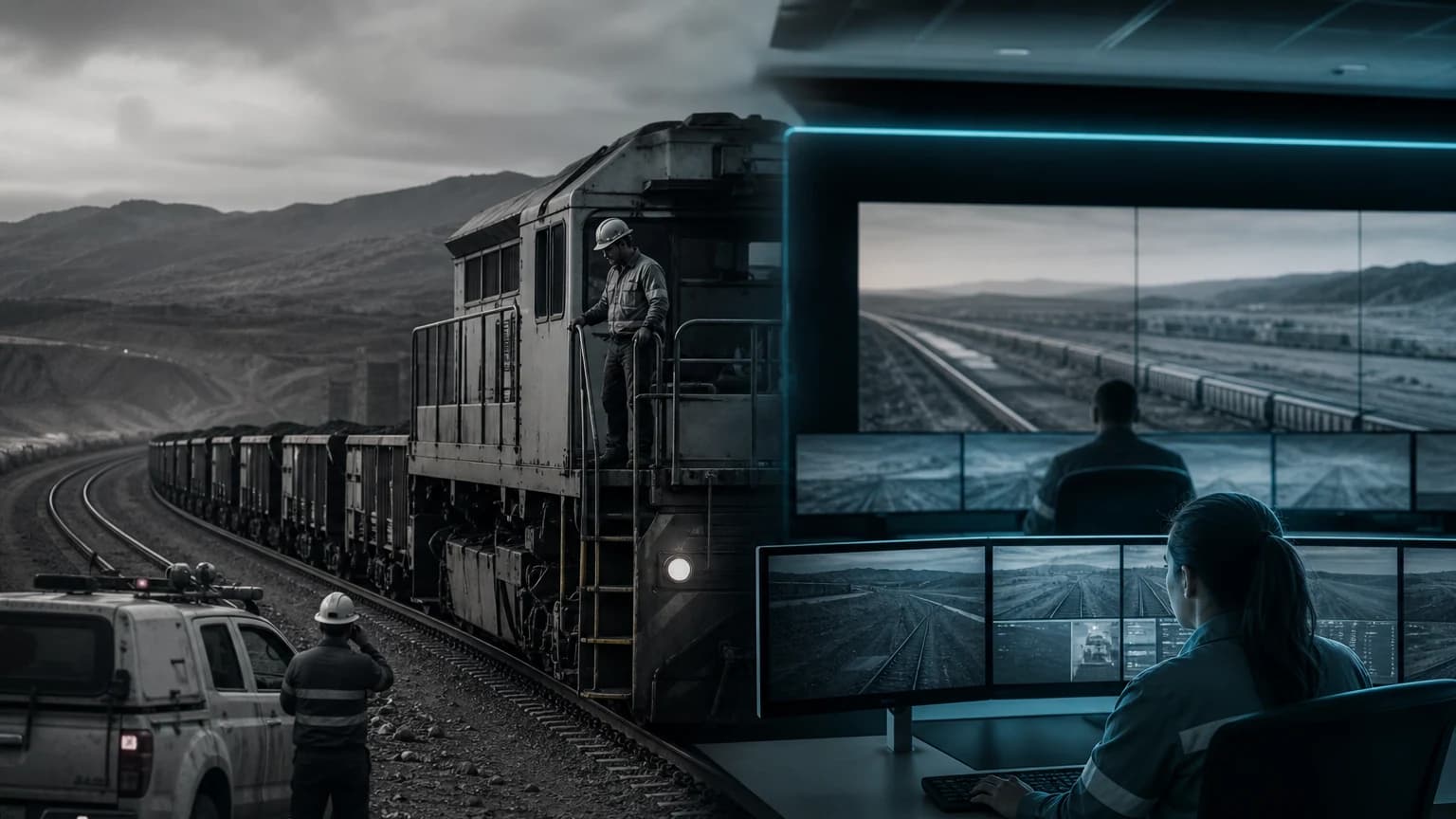 An editorial scene for Rio Tinto Iron Ore contrasts drives the heavy-haul train between mine and port until the 12-hour shift limit. with controls speed, braking, and responses to restrictions and alarms across the private mainline. in the autohaul autonomous heavy-haul rail workflow.